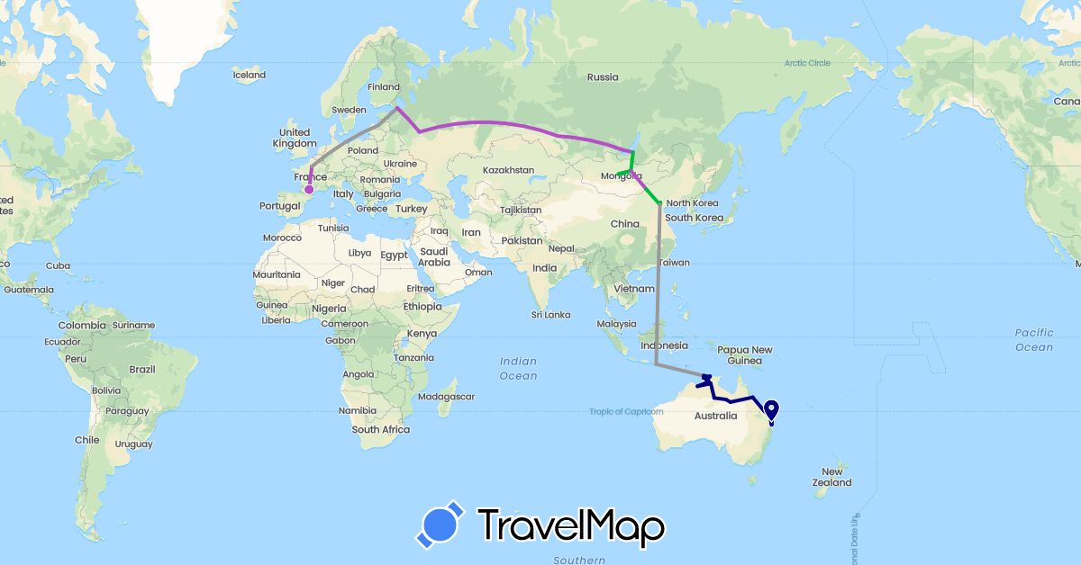 TravelMap itinerary: driving, bus, plane, train in Australia, China, France, Latvia, Mongolia, Russia (Asia, Europe, Oceania)